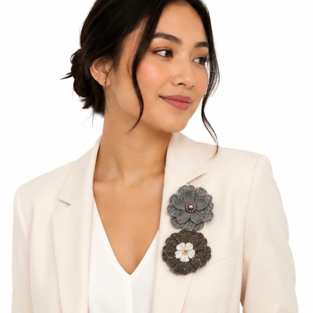 Vintage Style Grey Brown Fabric Flower Appliques Woven Tweed Craft DIY Chic J-01
